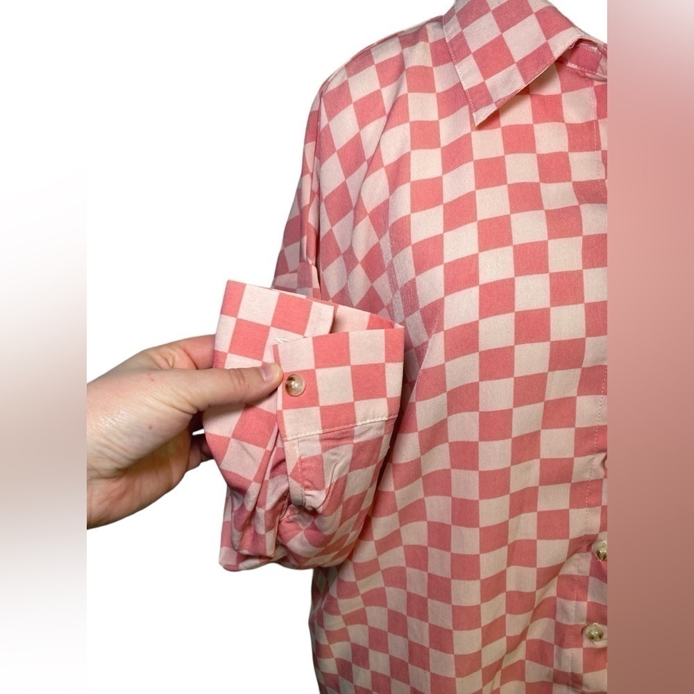 Pretty Garbage Pink Checkered Print Long Sleeve Button Down Shirt - Picture 4 of 10